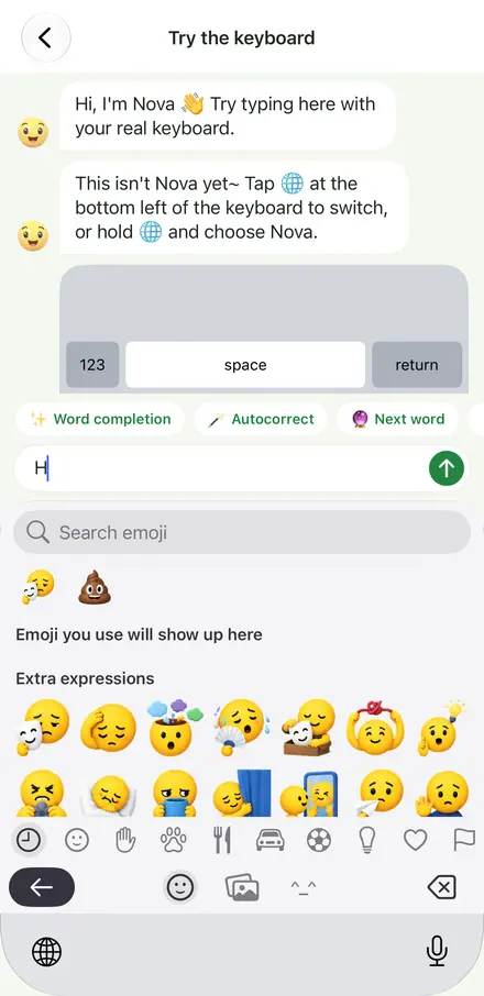Screenshot des Emoji+-Bereichs in der Nova-Tastatur